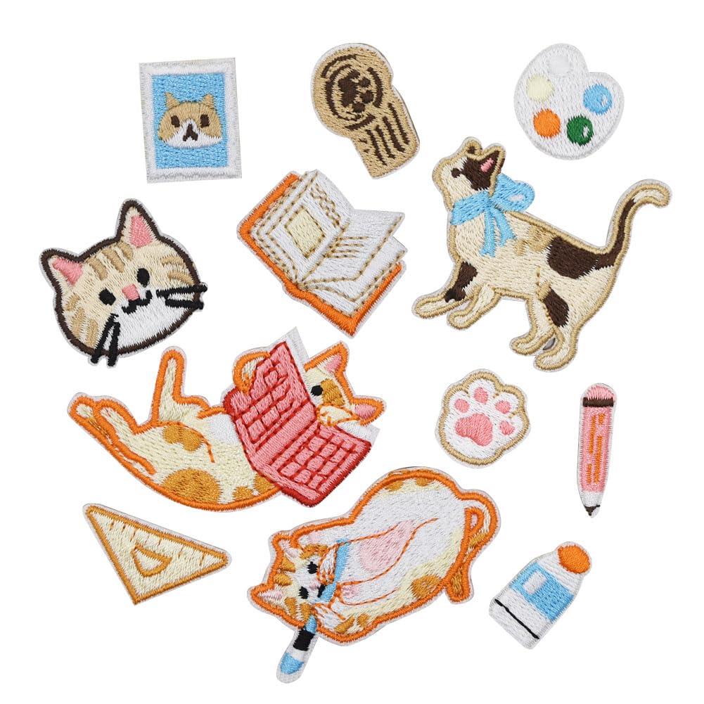 ワッペン アイロン不要 刺繍シール MUNCVY アップリケ DIY服 勉強好きなネコ 動物 モチーフ 装飾 男の子 女の子 保育園 幼稚園 パッチ 補修 12枚セット 衣類 浴衣 手袋 手帳 飾り