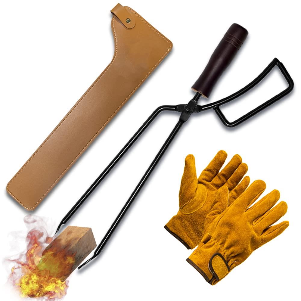 CARBABY 薪ばさみ 火バサミ ファイヤープレーストング 炭ばさみ 炭トング 収納カバー付き 耐熱グローブ付き 焚き火 薪ストーブ キャンプ用品 (スチール製)のサムネイル