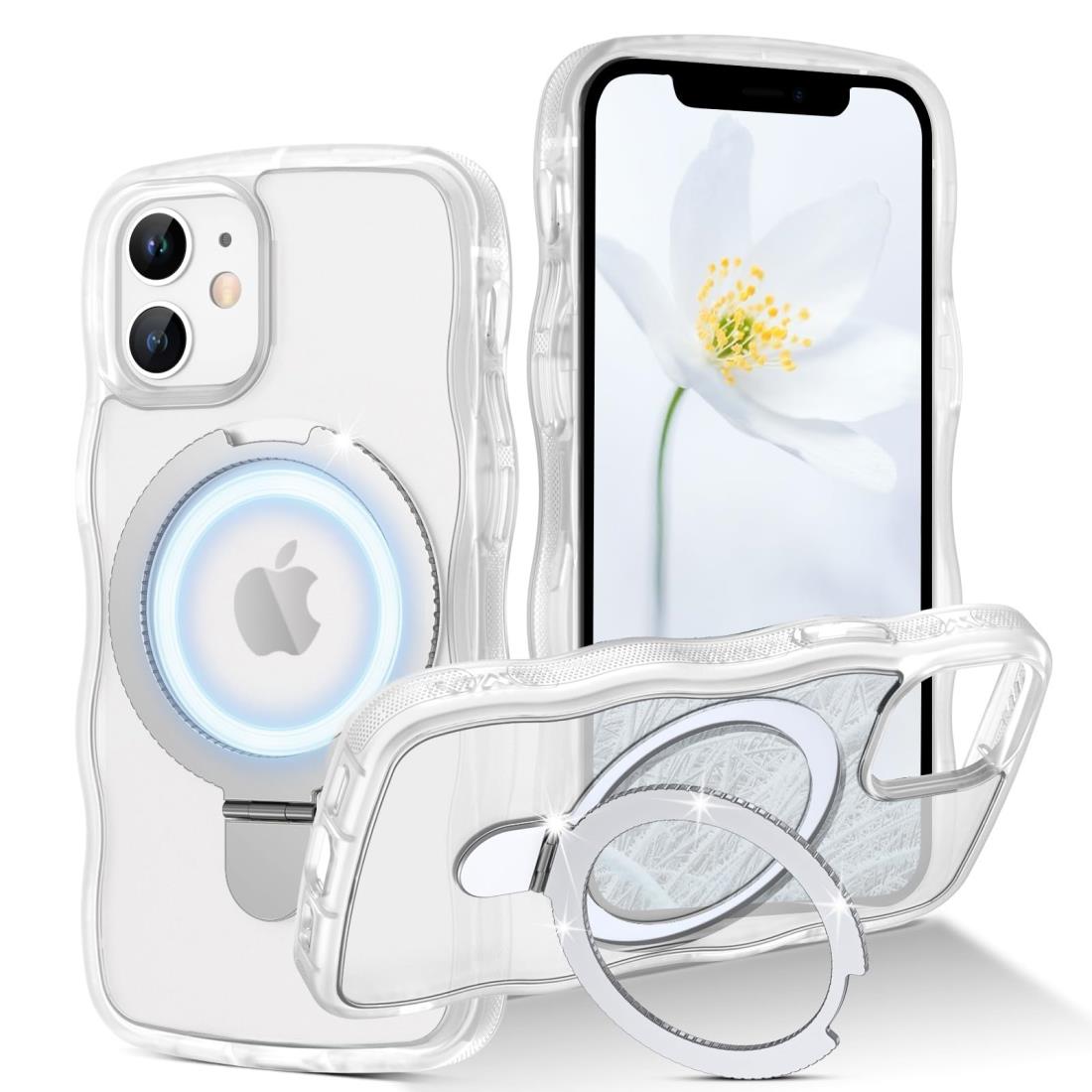 GUAGUA iPhone12Mimi ケース MagSafe対応 ウェーブ スタンド 半透明 縦横両対応 リング付き いphone 12Mimi 可愛い うねうね 韓国 120°開閉可能 耐衝撃 指紋防止 マット感 滑り止め スマホケース 12Mini マグネット搭載 アイフォン 12ミニ なみなみ 金属キックカバー（クリ