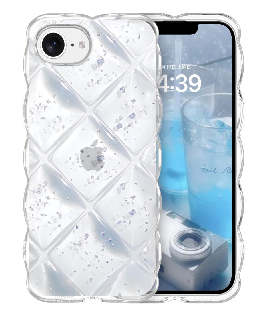 GUAGUA iPhone 16E ケース クリア ウェーブ 菱形バック SE マットケース 透明TPU 黄変防止 滑り止め アルミ箔シルバー 指紋防止 耐衝撃 アイフォンケース バンパー ストラップホール付き おしゃれ アイフォンSE4 6.1インチ用 可愛いカバー（クリア 透明 銀箔）