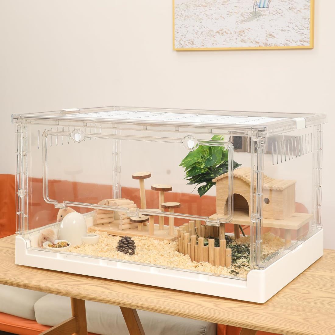 Yulezen 折りたたみ式アクリル透明ハムスターケージ、小動物用の快適で広々とした居住空間(ハムスター、モルモット、リスに最適)(70.5x43.5x39cm...