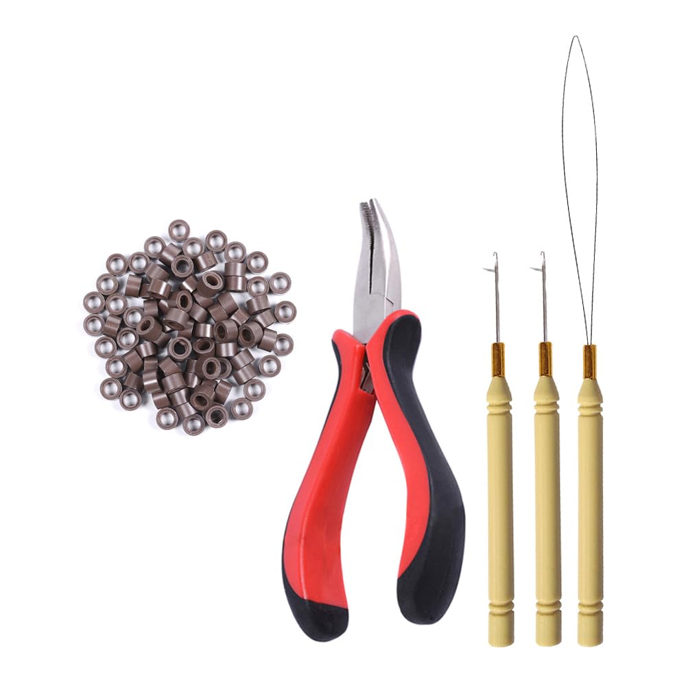 ヘアエクステンションセット 100個マイクロリングリンク プライヤー ループニードル ウイッグ用ツール..