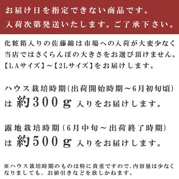 【シーズンオフ】山形県産「佐藤錦さくらんぼ」化粧箱入り ＜ LAサイズ〜2Lサイズ　＞ ＜ 内容量: 約300g(ハウス栽培時期) 〜 約500g(露地栽培時期)　＞【送料無料】