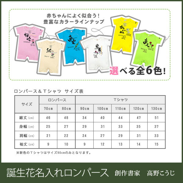 【仕立券】名入れ オリジナル ロンパース Tシャツ 赤ちゃん 孫 出産祝い 誕生日 誕生花 プレゼント ギフト 記念品 命名書 名前入り 手書き 男の子 女の子 ベビー 新生児 半そで ベビー服 全6色 80-130cm 【無料ラッピング】【送料無料】