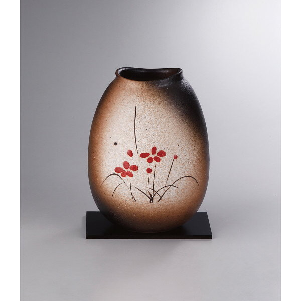 【直送】信楽焼 手描き華絵 花瓶 陶器製 黒敷板付き 日本製 手書き フラワーベース...