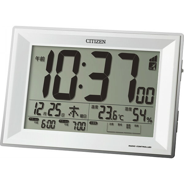 シチズン CITIZEN 電波目覚まし時計 8RZ151-003 デジタル 置き時計 ダブルアラーム 大画面 音光注意レベルお知らせ 環境目安表示 温湿度計 カレンダー ライト シンプル おしゃれ ギフト プレゼントダブルアラームと大きく見やすい数字を表示！音や光で部屋の注意レベルをお知らせする多機能電波目覚まし時計。大画面で数字が見やすい多機能なデジタル電波目覚まし時計■ この商品はこんな用途におすすめです●新築祝い：進化した大画面表示と便利な環境目安機能がついた目覚まし時計は、ご家族の新生活をサポートする新築祝いにぴったりです。●引っ越し祝い：実用性が高く、お部屋の好きな場所に置けるコンパクトな電波時計は、引っ越し祝いのプレゼントとして喜ばれます。●入学祝い：ダブルアラーム機能を備えた時計は、朝起きる習慣を身につけるお子様へのご入学祝いの贈り物に最適です。■ 商品の特徴●進化した大画面＆ダブルアラーム：大きく見やすい数字表示に加えて、設定に便利な「ダブルアラーム」機能が常時画面に表示されます。●音や光でお部屋の注意レベルをお知らせ：環境目安表示機能（熱中症レベル表示タイプ）を搭載し、危険レベルを音や光で分かりやすく警告します。●日常生活に役立つ多機能仕様：温湿度計やカレンダー表示、暗い場所でも見やすいライト機能を備えた多機能電波時計です。ブランドシチズンシリーズ-メーカー型番8RZ151‐003素材プラスチック枠サイズ・内容電子音アラーム（2つのアラームが別々に設定できるダブルアラーム）・スヌーズ機能●ライト付●カレンダー・温度・湿度・環境目安表示（熱中症レベル表示タイプ）●音や光で注意レベルをお知らせします●単3乾電池2本使用（別売）（17．3×11．7×5．7cm）原産国中国 【お届けについて】 シャディ取扱い商品（カタログギフトを除く）は、原則として産地・メーカー直送またはお取り寄せ商品となります。日々在庫状況を確認しておりますが、在庫状況によってはお届けまでにお時間をいただく場合がございます。ご注文状況