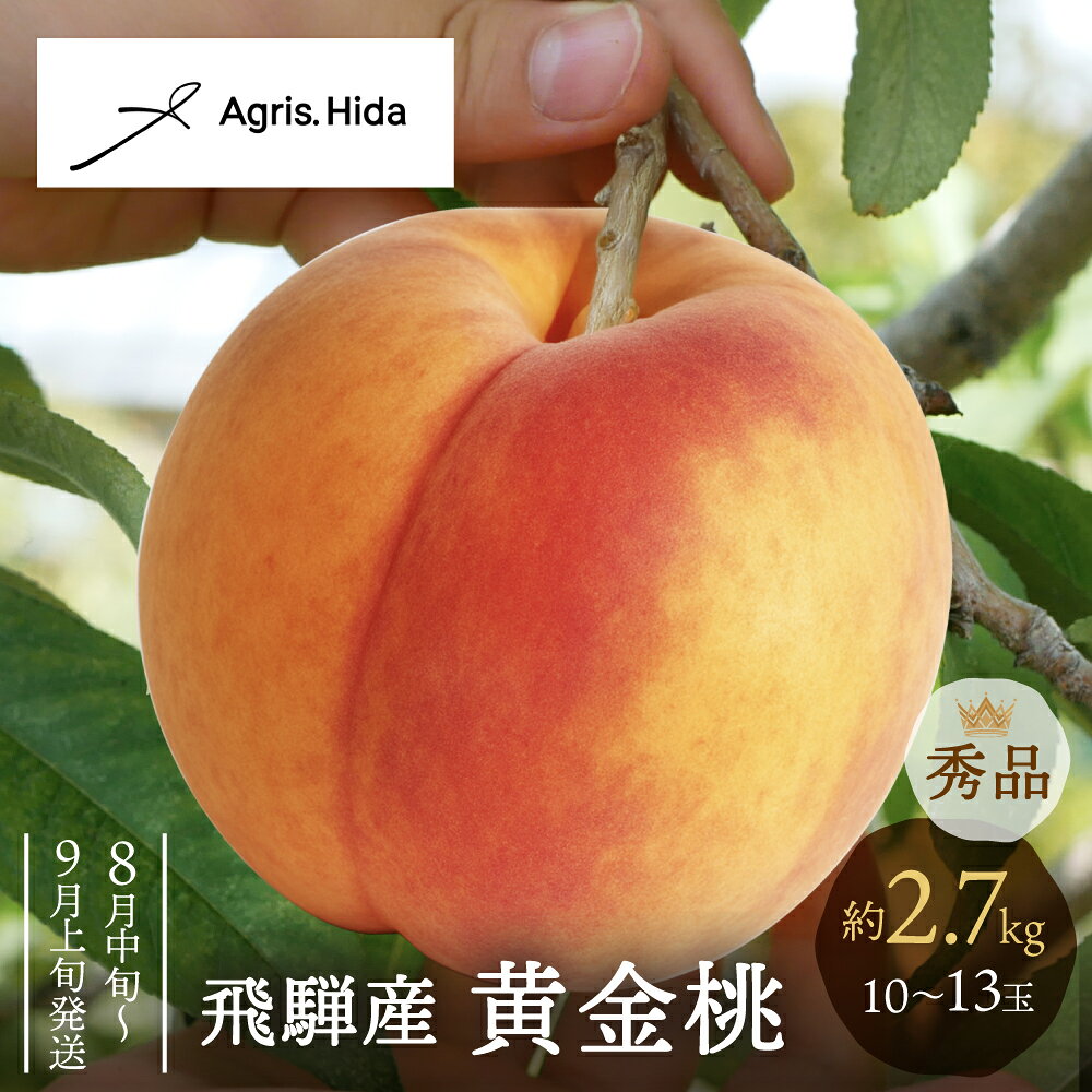 岐阜県飛騨の桃の産地・久々野にて育まれた桃 Q&A／よくある質問 Q1. どれくらいの量が届きますか？約2.7kgで10〜13玉が目安です。大きさや収穫状況により前後します。 Q2. 配送時期はいつ頃ですか？8月中旬〜9月上旬にかけて、収穫状況を見ながら順次発送いたします。 Q3. 保存方法はどうすればいいですか？常温で追熟後、柔らかくなったら冷蔵庫で保存し、お早めにお召し上がりください。 Q4. ギフト対応は可能ですか？贈答にもご利用いただけますが、専用のギフト箱ではございません。 Q5. 甘さはどの程度ですか？黄金桃は濃厚な甘みとコクが特徴で、香りも豊かに広がります。 Q6. 贈答用と何が違いますか？贈答用に比べてやや小玉ですが、見た目が劣るものや傷物は含まれません。 Q7. 生産者と産地はどこですか？岐阜県高山市久々野町のアグリス飛騨が丹精込めて育てた自慢の黄金桃です。