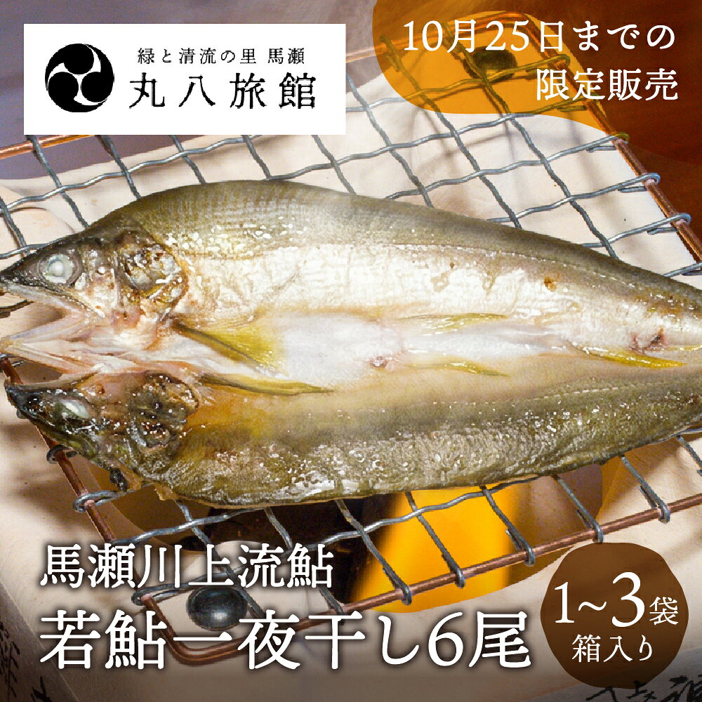 ※注意事項※ ・傷がある鮎もございますが、天然の証です。ご了承ください。 ・馬瀬川上流とは、高山市清見ニシウレ峠〜下呂市馬瀬西村までの間をさしております。 「利き鮎会グランプリ」を獲得した実績を持つ馬瀬川上流の天然鮎を、贅沢な一夜干しでお届けいたします。美しい清流のせせらぎが育んだ鮎は、芳醇な香りと深い味わいが特徴で、多くの食通を魅了する格別な一品です。緑と清流の里、馬瀬にある「丸八旅館」が自信を持ってお届けする、10月25日までの期間限定販売商品となっております。 おいしさの秘密は、徹底した鮮度管理にあります。当館専属の釣師が友釣りで一尾ずつ釣り上げた若鮎を仕入れ、鮮度が落ちないうちにその日のうちに下処理。絶妙な半生状態に干し上げ、真空急速冷凍で美味しさを閉じ込めております。保存料や添加物を一切使用していないため、ご家族皆様で安心してお召し上がりいただけます。 香ばしく上品な風味は、お酒のあてやご飯のおかずに最適です。丁寧に化粧箱に入れてお届けするため、ご自宅での贅沢なひとときにはもちろん、大切な方への季節の贈り物やご贈答用としても大変喜ばれている逸品です。 ■ Q&A（よくある質問） Q1：商品の概要・ジャンルを教えてください。 A1：全国の鮎が集う大会「利き鮎会」でグランプリを獲得した実績を持つ、馬瀬川上流の天然鮎を使用した「若鮎の一夜干し」です。岐阜県馬瀬の料理旅館「丸八旅館」がお届けする、贅沢な川魚加工品です。 Q2：特徴・こだわり（独自の強み）は何ですか？ A2：当館専属の釣師が、友釣りで一尾ずつ釣り上げた若鮎を仕入れ、鮮度が落ちないその日のうちに素早く下処理しています。絶妙な半生状態に干し上げ、真空急速冷凍で美味しさを閉じ込めております。また、保存料や添加物は一切使用しておりません。 Q3：おすすめの用途（ギフト・日常使いなど）を教えてください。 A3：香ばしく上品な味わいはお酒のあてや夕食のおかずに最適で、ご自宅での贅沢な晩酌にぴったりです。また、専用の化粧箱に入れてお届けするため、大切な方へのご贈答や季節のギフトとしても大変ご好評をいただいております。 Q4：内容量・お届け状態（配送方法など）はどうなっていますか？ A4：6尾セットで真空パックを行い、クール冷凍便にてお届けいたします。内容量は用途に合わせて選べる3タイプをご用意しております。 ・1袋（計6尾）：お試しや少人数での贅沢な晩酌に ・2袋（計12尾）：ご家族での食卓や様々なアレンジ料理に ・3袋（計18尾）：鮎好きな方への特別なご贈答やお集まりの席に Q5：おすすめの食べ方・使い方を教えてください。 A5：解凍後、軽く炙るだけでふっくら香ばしい一夜干しとしてお召し上がりいただけます。味付けはお塩のみのシンプルな仕上がりですので、衣をつけて天ぷらや唐揚げなどのアレンジ料理にするのも非常におすすめです。 ■一夜干しの炙り方 鮎は頭が硬いので先に頭を火の近くに置き、両面こんがり焼きます。その後、腹、背、という順に炙っていただくと、1尾丸ごとお召し上がりいただけます。 Q6：保存方法・注意点はありますか？ A6：賞味期限は製造日から半年（冷凍保存の場合）となっております。解凍後は、風味が損なわれないようお早めにお召し上がりください。 Q7：生産地・製造元はどこですか？ A7：鮎の名所として名高い馬瀬川の畔に佇む、五室限定の小さな料理旅館「丸八旅館（岐阜県下呂市馬瀬）」にて、一品一品心を込めてお作りしております。 ■ よく使われるシーン お中元、暑中見舞い、残暑見舞い、お歳暮、御歳暮、御祝、内祝、お返し、出産内祝い、結婚祝い、引き出物、誕生日祝い、敬老の日、父の日、母の日、お見舞い、快気祝い、退職祝い、新築祝い、ご自宅用贅沢品、お取り寄せグルメ、特別な日の晩酌、お正月の集まり、ギフト、贈り物、ご贈答
