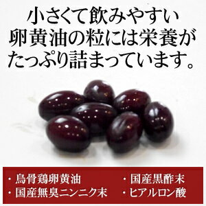 【ヒアルロン酸配合】烏骨鶏卵黄油　そして黒酢ニンニク。貴重な純種烏骨鶏プリンセスシルキィーの卵の栄養を凝縮し、話題の健康素材と配合しました。