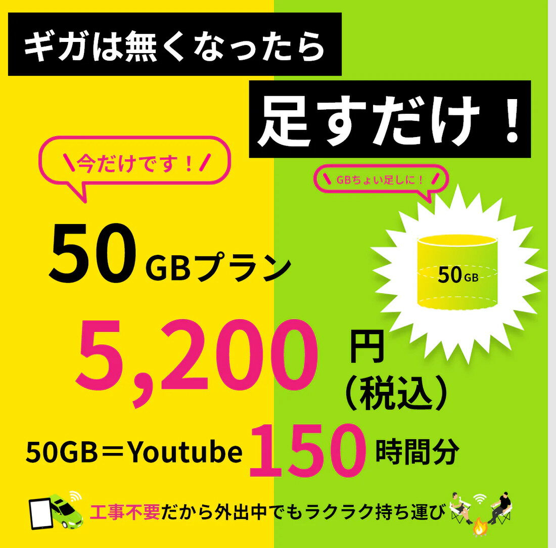 【ギガチャージWiFi】専用 　50GB 追加GB　365日間有効