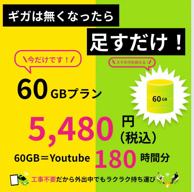 【ギガチャージWiFi】専用　60GB 追加GB　365日間有効