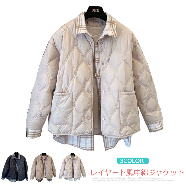 乐天商城 - 中綿ジャケット レディース 重ね着風 中綿コート レイヤード風 チェック柄シャツ 中綿 ジャケット 中綿入り 軽量アウター 防寒 秋冬 厚手 学生 大人