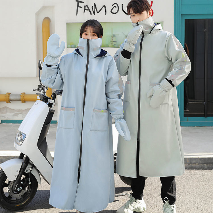 裏ボア レインコート バイクウェア 裏起毛コート 手袋付き ロング アウトドアジャケット 裏ボア 防風 ジャケット ポケット付き レインウェア フード付 防寒 撥水性 暖かい 電動バイク 自転車 冷え取り 汎用 保温 保温性抜群 秋冬 男女兼用 通学 反射テープ