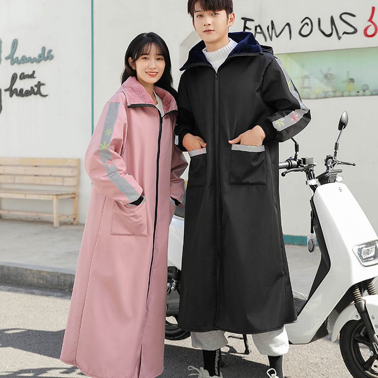 裏ボア レインコート バイクウェア 裏起毛コート 手袋付き ロング アウトドアジャケット 裏ボア 防風 ジャケット ポケット付き レインウェア フード付 防寒 撥水性 暖かい 電動バイク 自転車 冷え取り 汎用 保温 保温性抜群 秋冬 男女兼用 通学 反射テープ