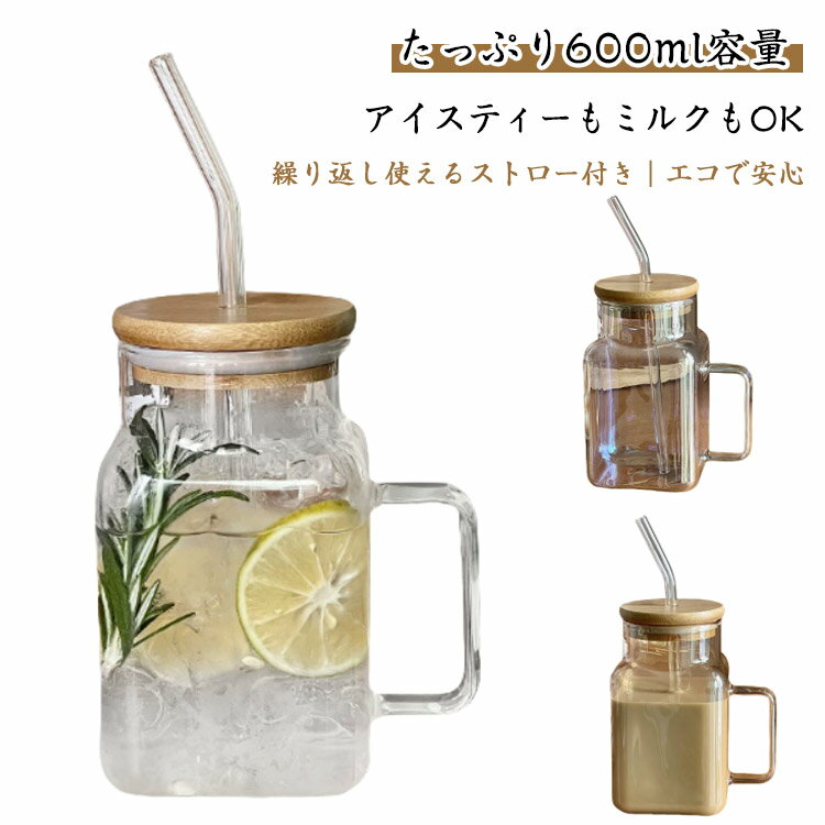 大容量 フタ付きグラス 600ml ガラスマグ ガラスカップ 夏用 ドリンクカップ ストロー付きボトル ガラスカップ フルーツティーグラス 耐熱グラス