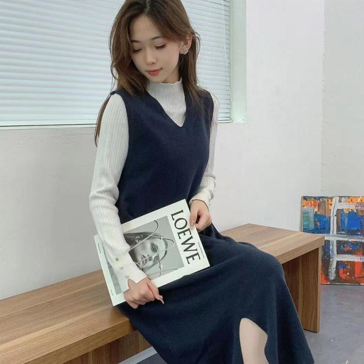 M-2XL・送料無料! ノースリーブ ワンピース レディース 秋 冬 ニットワンピース ニット Vネック キャミソールワンピース ロングワンピース ミモレワンピース キャミワンピ 無地 インナー マタニティ 体型カバー カジュアル お洒落 シンプル 2