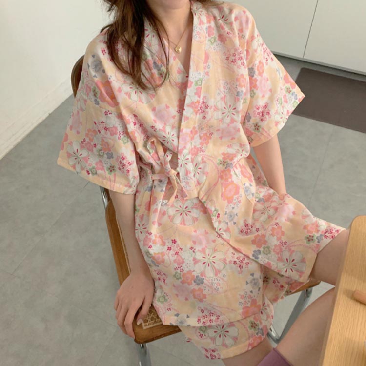 寝巻き 夏 前開き 上下セット ガウンパジャマ レディース 部屋着 温泉 バスローブ ...