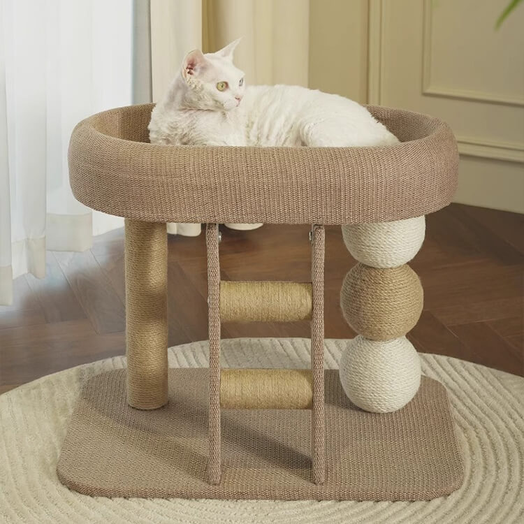 GIIPET キャットタワー 小型 猫タワー 爪とぎ 多頭飼い 据え置き 木製 麻紐 安定性抜群 ステップ台 大型猫対応 麻布ベッド/凉席 選べる 省スペース 組立簡単 58.5×39.5×47cm 2