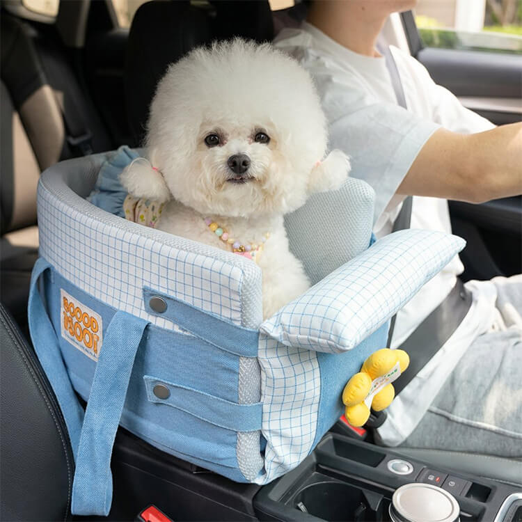 Rakuten - ドライブベッド ペット 犬 猫 ドライブボックス センターコンソール 小型犬 6kgまで デニム アームレスト 車載 車用 クッション 飛び出し防止 洗える お出かけ 通年