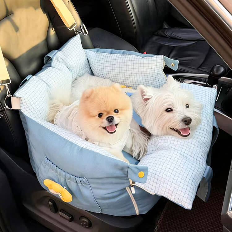 Rakuten - ペット ドライブベッド ドライブボックス 犬 猫 車載用 お出かけ キャリーバッグ デニム 飛び出し防止 ダブルリード付き 助手席 後部座席 カーベッド クッション おしゃれ 小型犬 中型犬 11kgまで 通年 オールシーズン