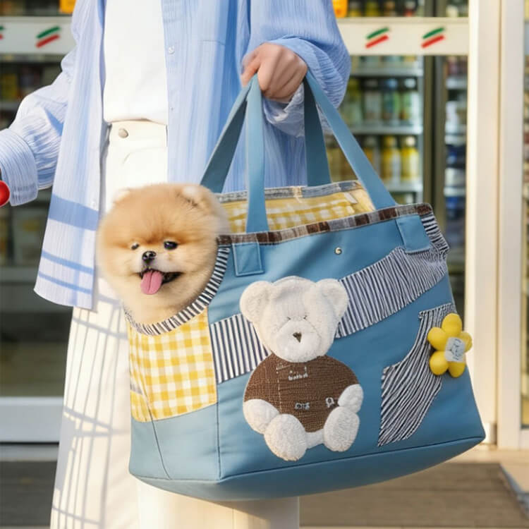 Manner Pouch - ペットキャリーバッグ デニム 犬 猫 キャリー トートバッグ 顔出し 安全リード付き 底板付き 型崩れしない お出かけ 通院 旅行 小型犬 猫用 耐荷重6kg オールシーズン