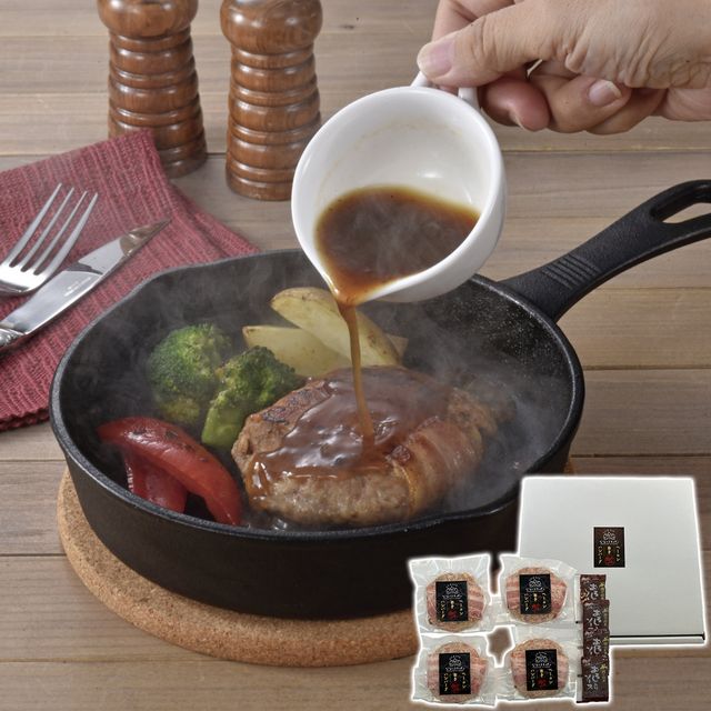商品説明北海道産の豚肉と鶏肉を使用した、オリジナルハンバーグにベーコンを巻きつけたハンバーグです。ポーク＆チキンのサッパリしたハンバーグにベーコンの旨味と香りがプラスされた一品です。添付のオリジナルおろしソースでお召し上がりください。■名称ハンバーグおろし入りソース■原材料名【ハンバーグ】食肉(豚肉(北海道産)、鶏肉(北海道産))、つなぎ(パン粉、鶏卵)、ベーコン、牛乳、玉ねぎ、マヨネーズ、香辛料/リン酸塩(Na)、カゼインNa、調味料(アミノ酸等)、酸化防止剤(ビタミンC)、くん液、pH調整剤、発色剤（亜硝酸Na）、カルミン酸色素、香辛料抽出物、(一部に小麦・卵・乳成分・大豆・りんご・豚肉・鶏肉を含む)【おろし入りソース】醤油（国内製造）、りんご加工品、玉葱、砂糖、大根、レモン果汁、醸造酢、食塩、昆布エキス、香辛料、調味酢、かつお節エキス／増粘剤（加工でん粉）、酸味料、香料（一部に小麦、さば、大豆、りんごを含む）■内容量ハンバーグ140g×4、おろしソース15g×4■賞味期限製造日より90日■保存方法冷凍■表示責任者の名称と所在地株式会社 肉の山本北海道千歳市流通3丁目2番2■製造所の名称と所在地【ハンバーグ】株式会社 肉の山本　北海道千歳市流通3丁目2番2【おろし入りソース】株式会社ソラチ　北海道芦別市北7条西4丁目4番地の184500235 類似商品はこちら浅草むぎとろ 東京 味付とろろ16食セット 6,948円浅草むぎとろ 東京 茶そば4袋 白箱入り 2,978円北海道 十勝若牛ビーフフレーク280g 4,402円静岡 簡単調理 ねぎとろ丼の具4食セット 3,112円信州ハム 長野 爽やか信州軽井沢ギフト 3,379円新潟 越後の笹だんご 冷凍 30個 5,469円福岡 博多 とんこつもつ鍋 3,112円丹波蔵 京都 国産豚西京白みそ仕立て 1003,620円福さ屋 北海道産無着色辛子めんたい 3,963円