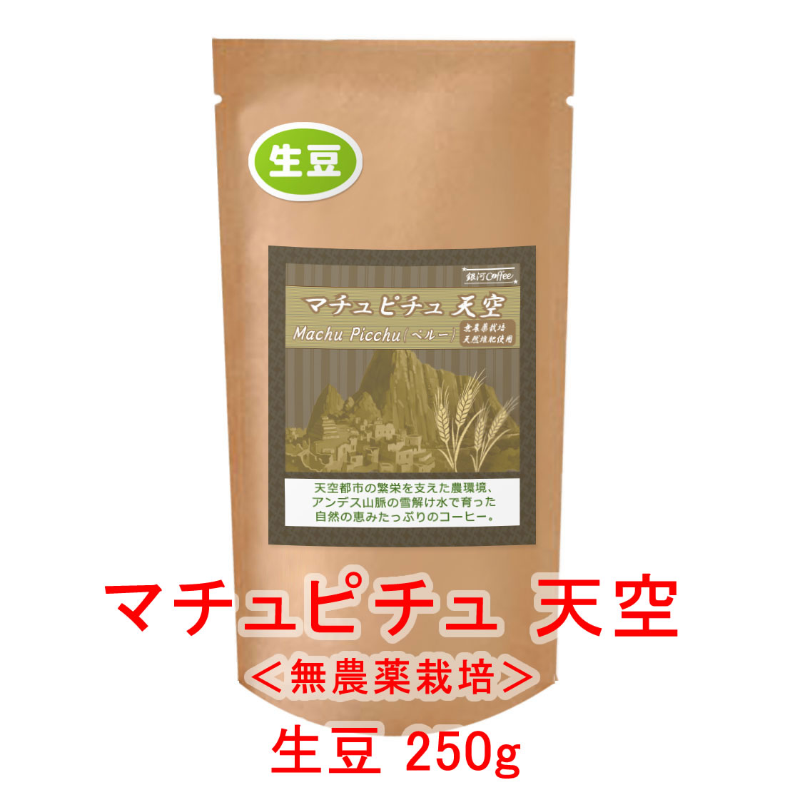 銀河コーヒー 生豆 天空で栽培された無農薬 天然堆肥のコーヒー「マチュピチュ天空」 ペルー ホセ・オラヤ指定農園 250g コーヒー豆 珈琲 珈琲豆 人気 おすすめ 楽天