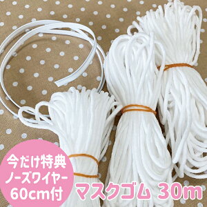 クーポン利用で2点60mで750円[ノーズワイヤー60cm付]即納 [たっぷり30m(10m×3袋)]ふわふわ柔らか マスクゴム 3mm 白 丸 マスク マスク用 手芸 ひも ゴム ホワイト 手作りマスク ハンドメイド　メール便送料無料 即日 痛くなりにくい[ノーズフィッター付 形状保持テープ付]