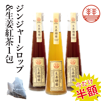 【スーパーSALE 50%OFF】ジンジャーシロップ ビートグラニュー糖 200ml × 1本 甜菜糖 200ml × 2本 + 生姜紅茶 1包 国産 無添加 無着色 熊本 高知 長崎 ジンジャーエール 生姜シロップ しょうがシロップ ジンジャーハイボール 生姜湯 生姜紅茶 温活 冷え対策 ポカポカのサムネイル