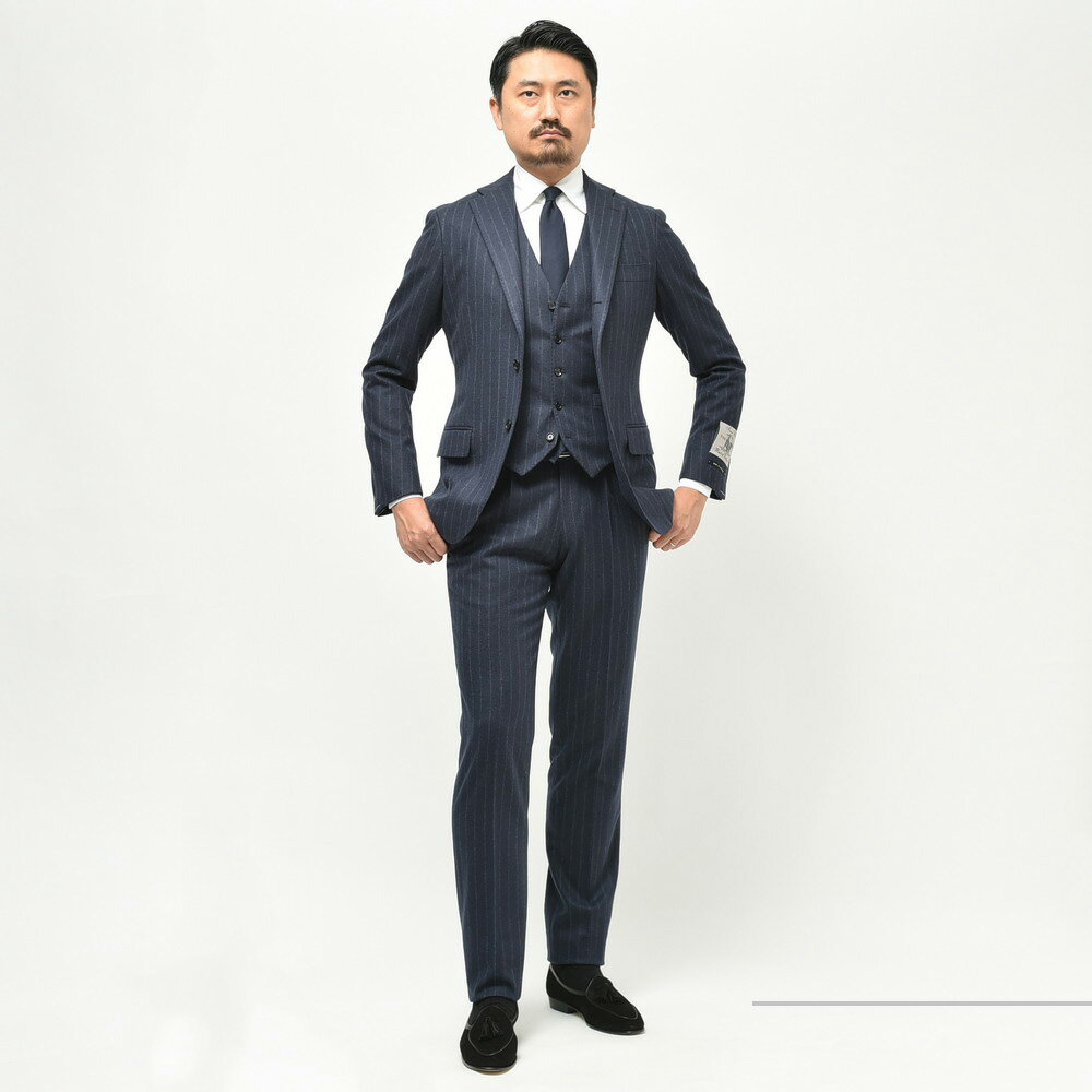 guji(グジ)ウールフランネルチョークストライプ3B1プリーツスーツ