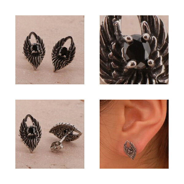 ウイング スタッズピアス 2P 両耳用 ブラックCZ 翼 ジルコニア ピアス イヤリング サージカルステンレス 金属アレルギーフリー メンズ レディース 男性 女性 アクセサリー ギフト プレゼント おしゃれ