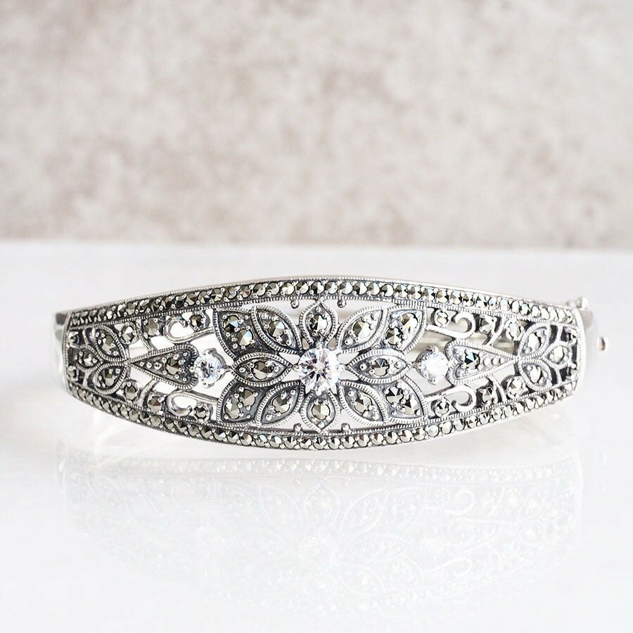 ROKUZAN ホワイトトパーズ ボタニカル シルバーバングル シルバー925 バングル 腕輪 ブレスレット マーカサイト 碌山ジュエリー ブランド レディース...