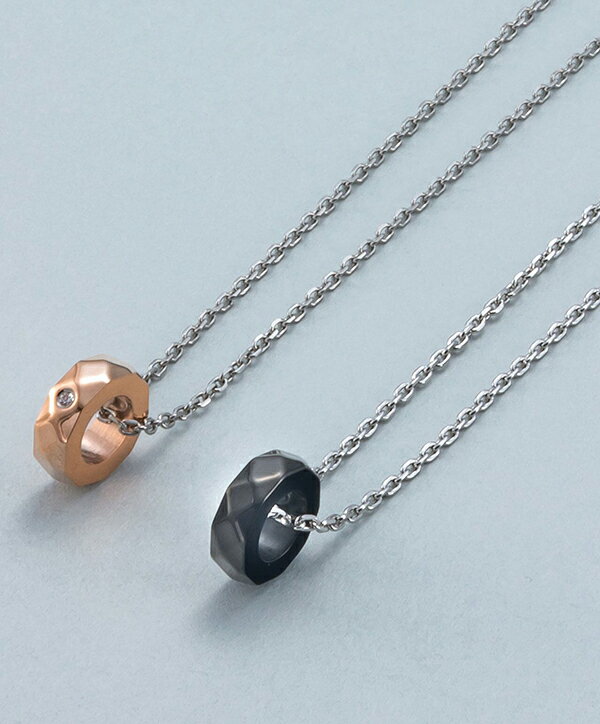 ダイヤカット リング ペアネックレス サージカルステンレス 金属アレルギーフリー ジルコニア 多角形 ボルト 輪っか ブラック ピンクゴールド シンプル ペア ...