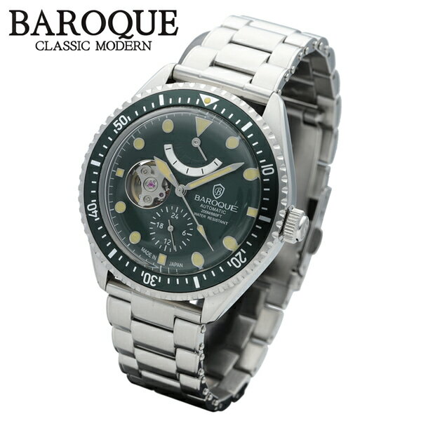 BAROQUE グリーン 腕時計 BA3006シリーズ ブランド ウォッチ BA3006S-03M 時計 メンズ 紳士 かっこいい 自動巻き スケルトン ステンレス 緑 グリーン クラシック アンティーク ヴィンテージ 日本製ムーブメント 機械式 ビジネス 人気 プレゼント 彼氏 おしゃれ