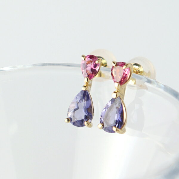 K18 アイオライト ピンクトルマリン ゴールド ピアス 2P 両耳用 18金 18k 天然石 スタッドピアス ドロップ 滴 雫 しずく 二連 アクセサリー レ...