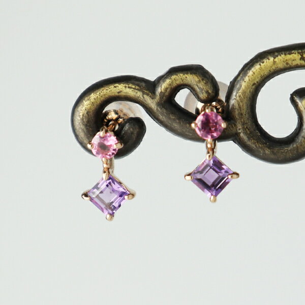 K18 アメジスト ピンクトルマリン ピンクゴールド ピアス 2P 両耳用 18金 18k ゴールド 天然石 スタッドピアス スクエア 四角 二連 ゴールドピア...