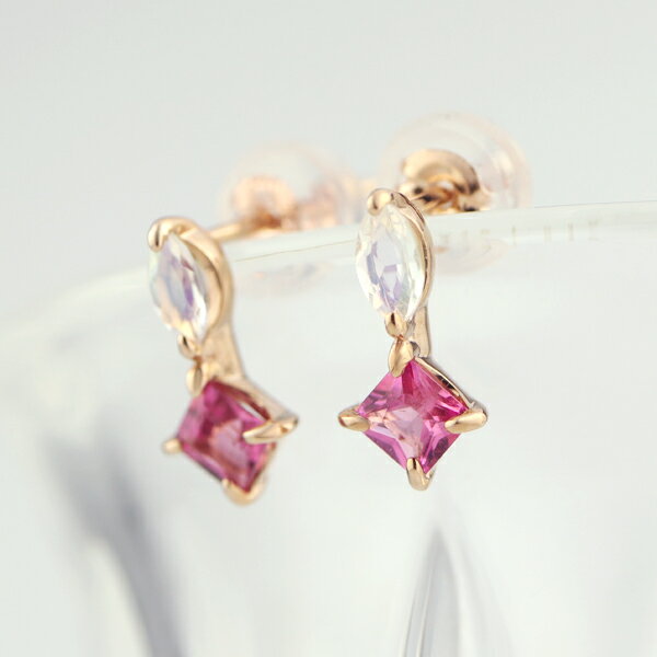 K18 ピンクトルマリン ムーンストーン ピアス 2P 両耳用 ピンクゴールド 18金 18k 天然石 スタッド スクエア 四角 二連 ピンク ゴールド かわい...
