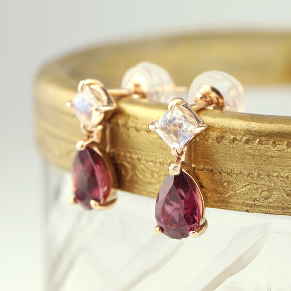 K18 ロードライトガーネット ムーンストーン ピアス 2P 両耳用 ピンクゴールド 18金 18k 天然石 ガーネット ドロップ スタッド かわいい 可愛い ...
