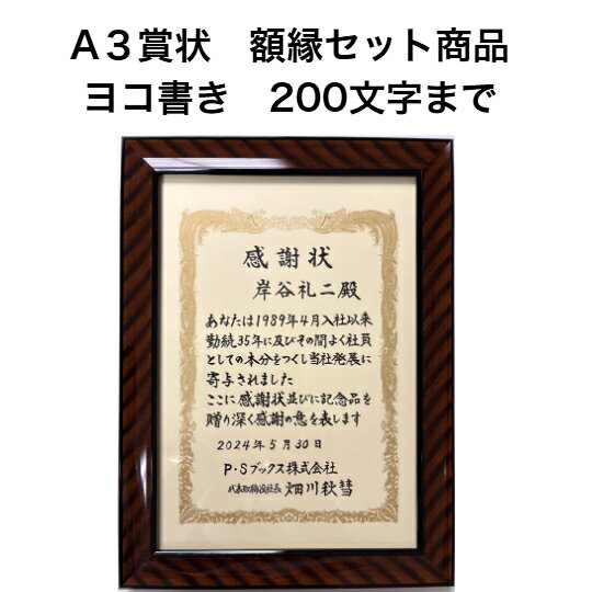 A3賞状 額縁 額装 セット ヨコ書き 200文字まで 全文 手書き代筆 筆耕 表彰状 感謝状 証書 社内表彰 皆勤賞 認定証 大会 コンテスト コンクール イベントなど