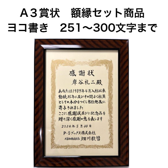A3賞状 額縁 額装 セット ヨコ書き 300文字まで 全文 手書き代筆 筆耕 表彰状 感謝状 証書 社内表彰 皆勤賞 認定証 大会 コンテスト コンクール イベントなど