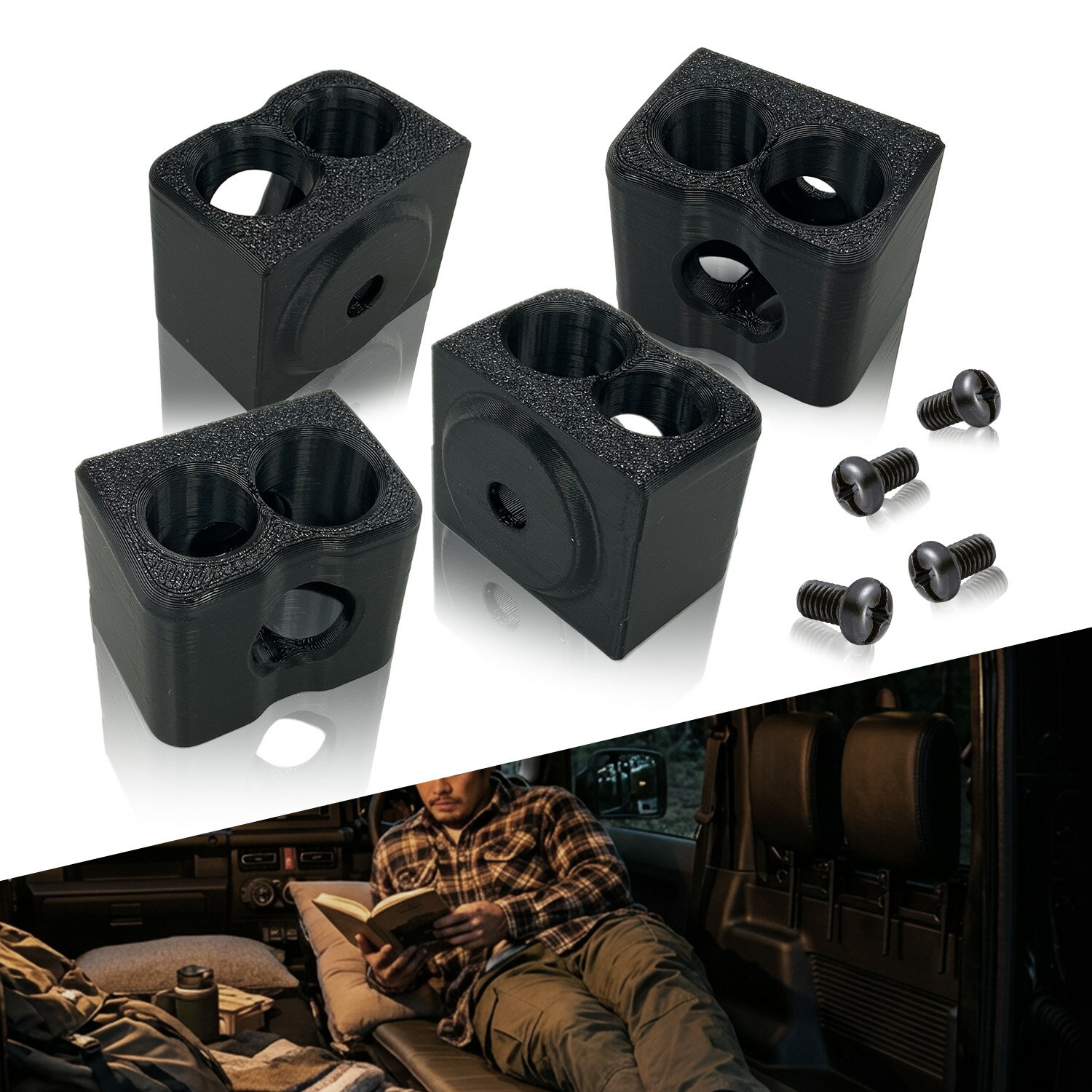 LikeOne公式 ジムニー JB64 JB74 シエラ 専用 ヘッドレストホルダー 4個入り ボルト固定 ヘッドレスト 収納 純正ナット活用 後部座席 フルフラット 車中泊 アウトドア キャンプ 車内収納 ラゲッジ カスタムパーツ JIMNY スズキ