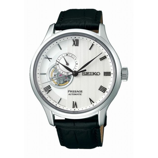 セイコー プレザージュ SEIKO PRESAGE 腕時計 型打ち白文字盤 セミスケルトン デュアルカーブサファイアガラス ブラック革バンド SARY095 メンズ