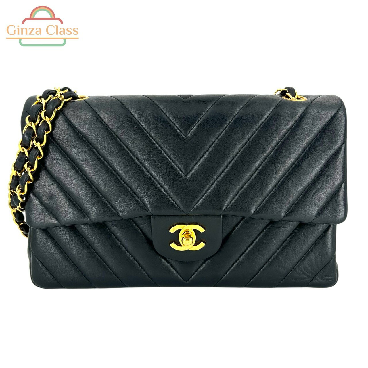 CHANEL シャネル マトラッセ25 Vステッチ Wフラップ チェーンショルダーバッグ ラムスキン ブラック 1..