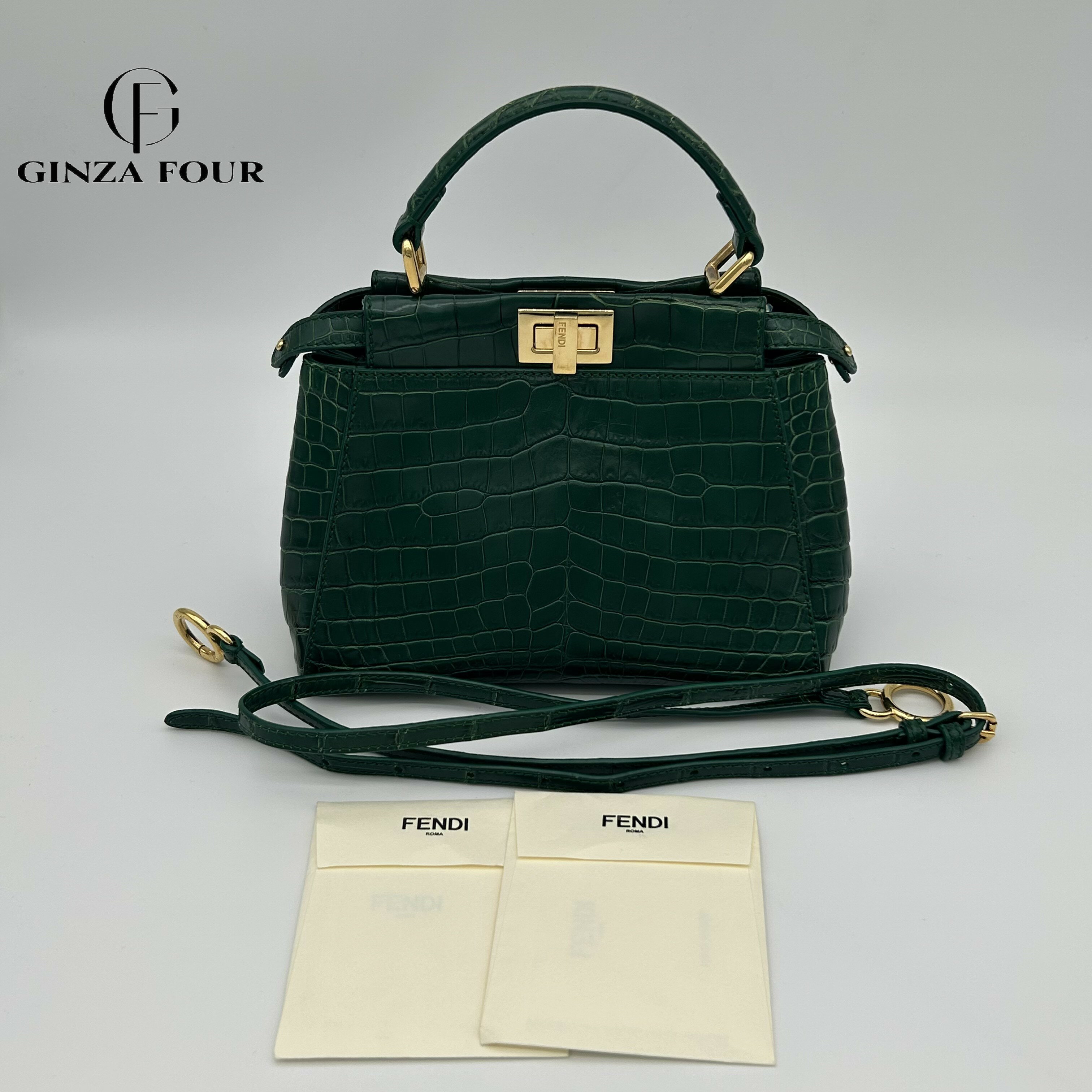 【中古】【送料無料】FENDI（フェンディ）グリーン　ピーカブー　2WAY　ショルダーバッグ　ハンドバッグ　エキゾチックレザー　クロコマット　クロコダイル　ゴールド金具(4)