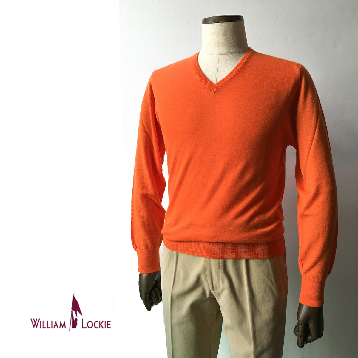 WILLIAM LOCKIE(ウィリアムロッキー)カシミヤVネックニット 薄手 カシミヤ オレンジ カジュアル イギリス V首 Vネック