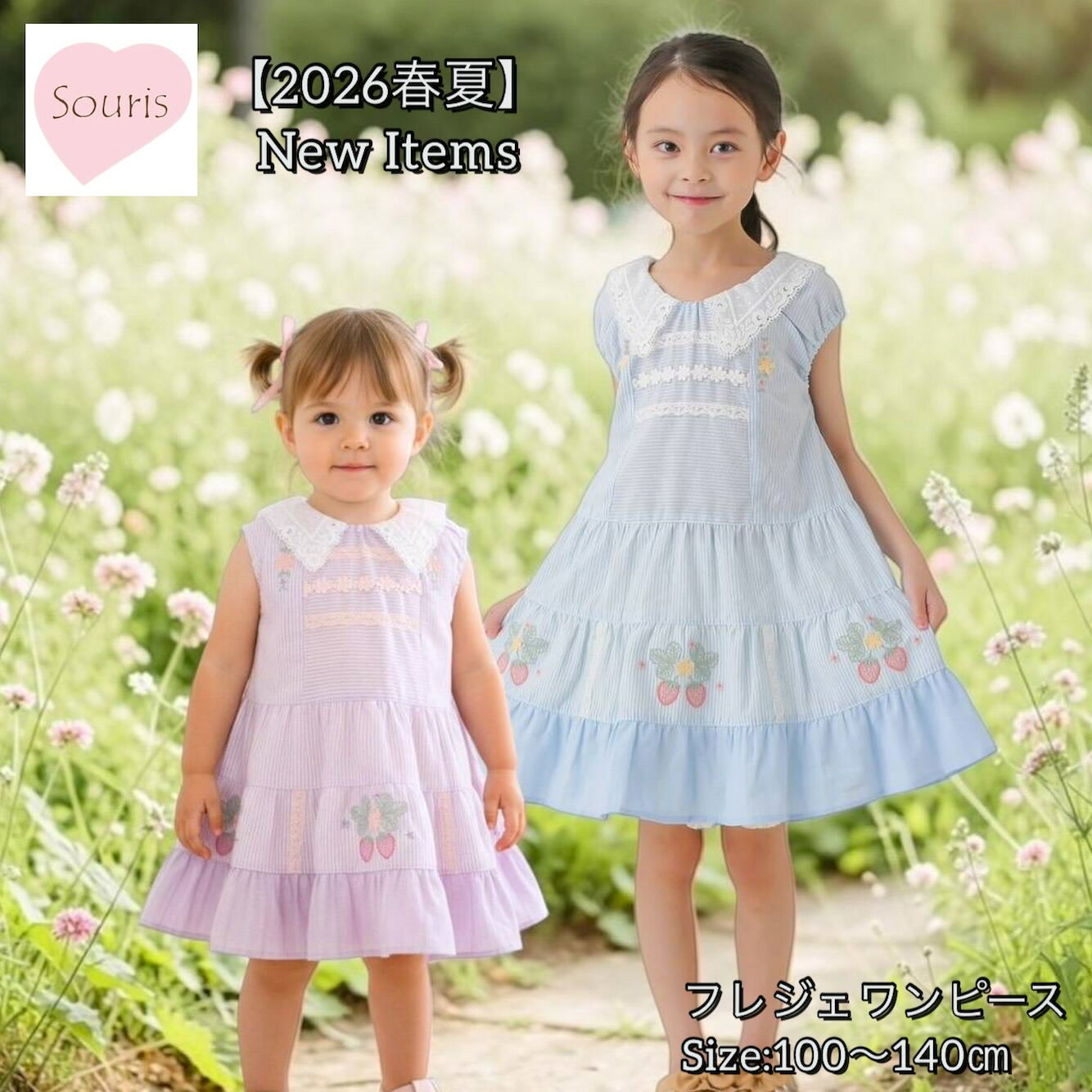 Rakuten - 【ワンピース】 スーリー souris ＃263593 2026春夏 2026SS フレジェワンピース いちご刺繍 イチゴ 苺 ストロベリー刺繍 夏物ワンピース 誕生日プレゼント 女の子用ワンピース ワンピースコーデ ジャンスカコーデ 100cm 110cm 120cm 130cm 140cm 可愛いワンピース