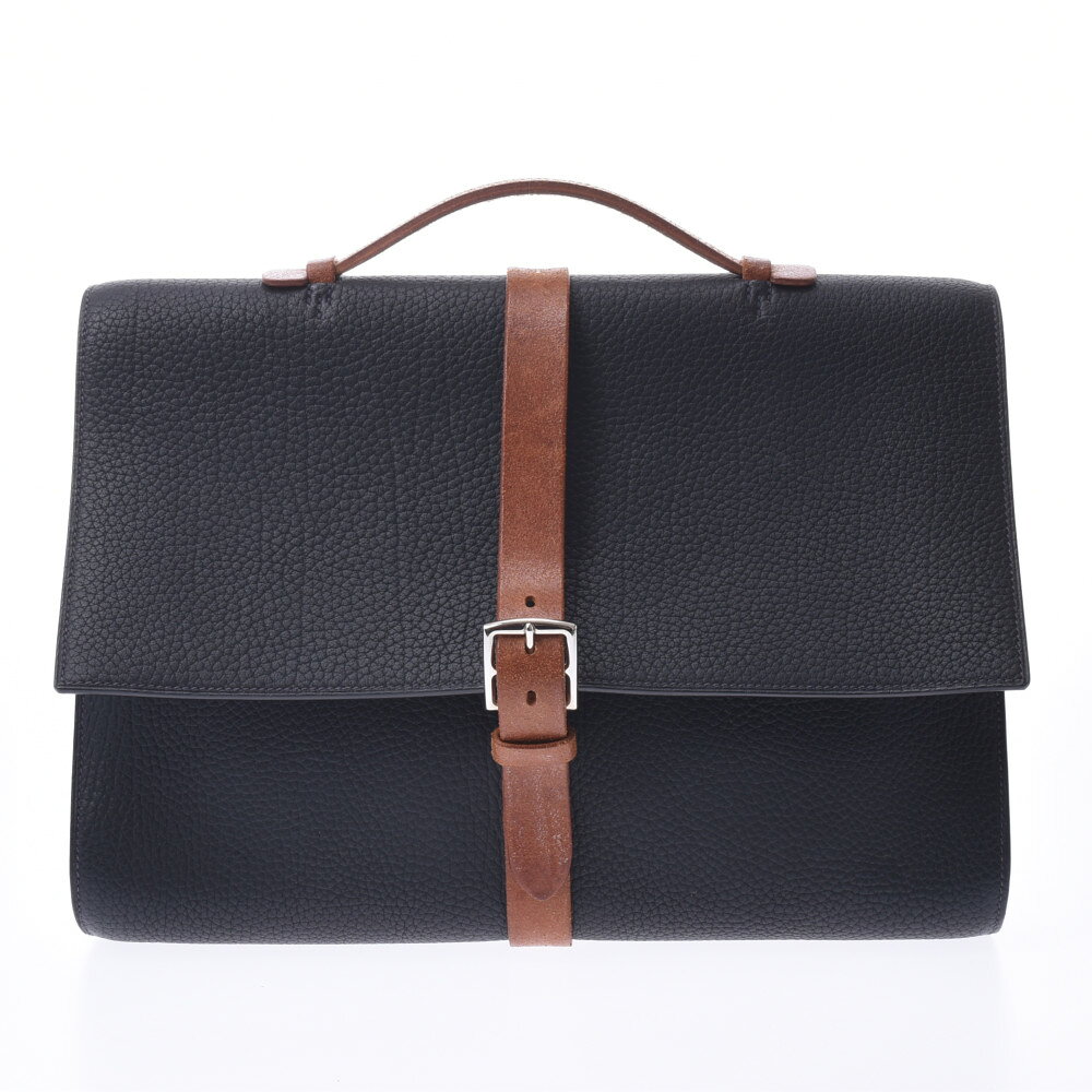 【ポイント2倍★30日限定】【最大25,000円OFFクーポン★30日まで】HERMES エルメス エトリヴィエール ドキュメント ブリーフケース 黒/ブラウン シルバー金具 □H刻印(2004年頃) ユニセックス フィヨルド ビジネスバッグ ABランク 中古 銀蔵