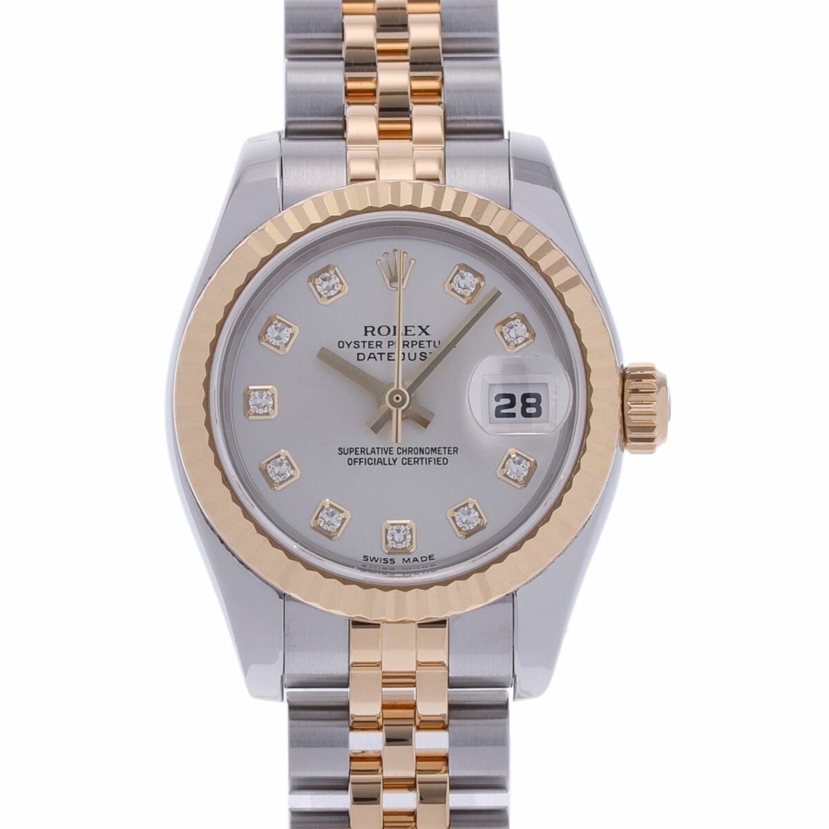 【ポイント3倍★15日限定】【最大2万円OFFクーポン★16日まで】【ローン24回払い無金利】ROLEX ロレックス デイトジャスト 10Pダイヤ 179173G レディース YG/SS 腕時計 自動巻き シルバー文字盤 Aランク 中古 銀蔵