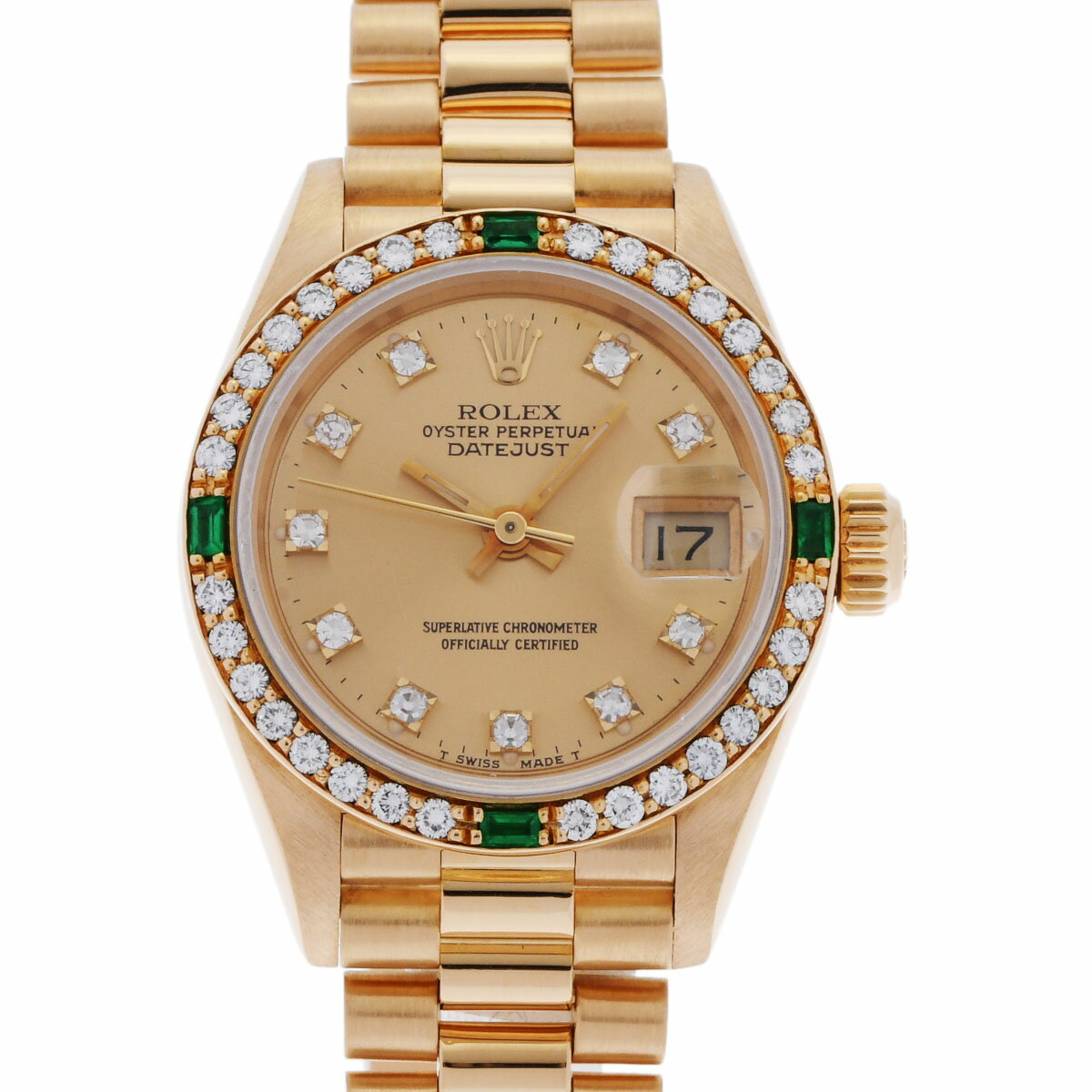 【ポイント3倍★10日限定】【最大2万円OFFクーポン★9日20時～】【ローン24回払い無金利】ROLEX ロレックス デイトジャスト 10Pダイヤ ベゼルダイヤ/4Pエメラルド 69078G レディース YG 腕時計 自動巻き シャンパン文字盤 Aランク 中古 銀蔵