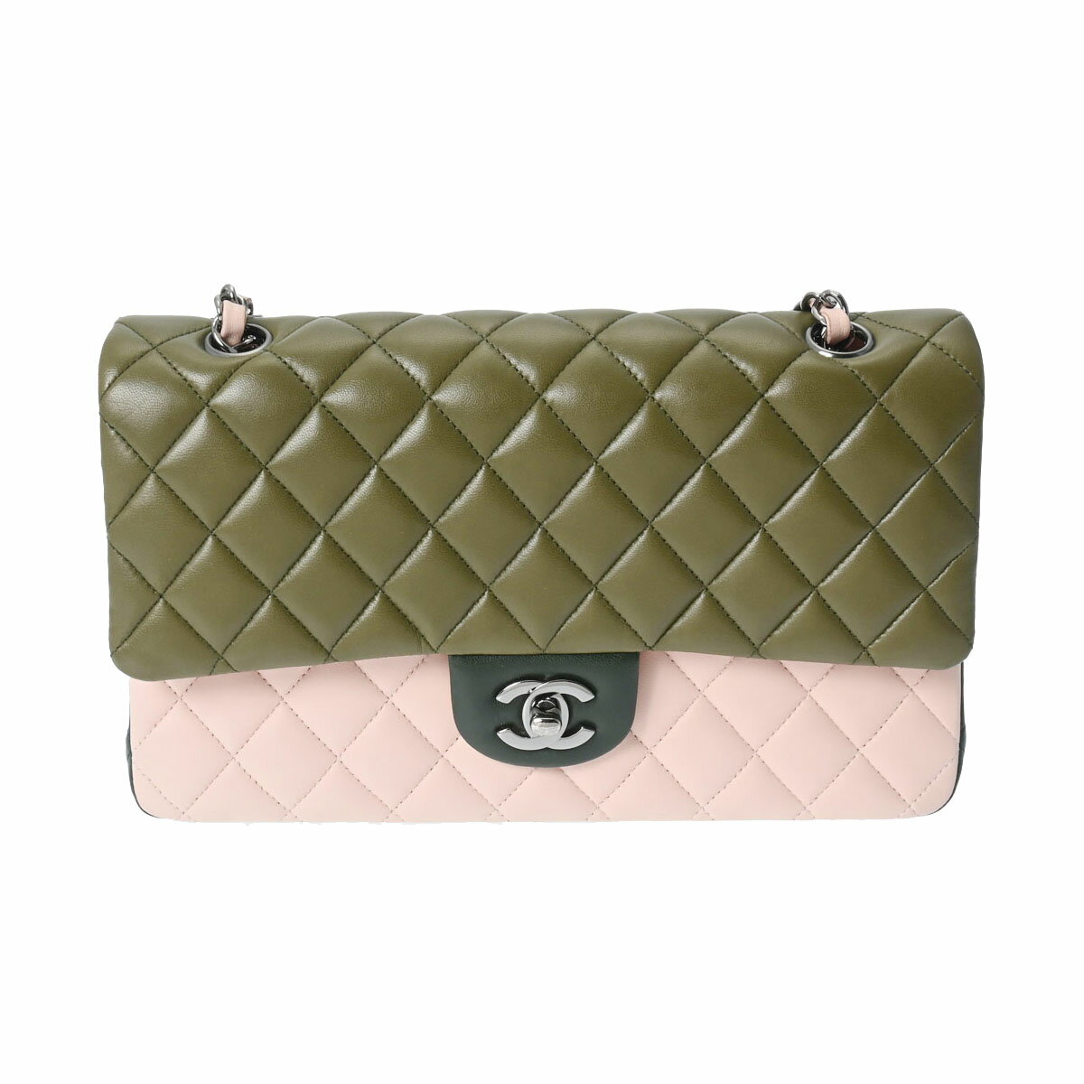 【ローン24回払い無金利】CHANEL シャネル マトラッセ チェーンショルダー 25cm カーキ系/ピンク/深緑 シルバー金具 A01112 レディース ラムスキン ショルダーバッグ Aランク 中古 銀蔵